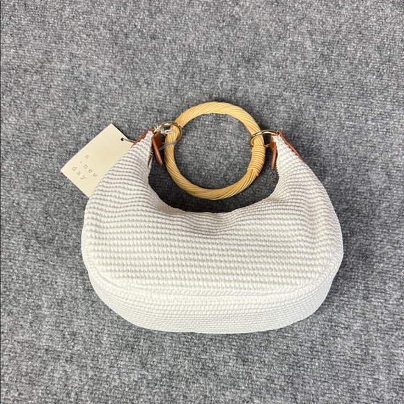a new day Handbags - a new day White Woven Mini Bag with Wood Ring Handle